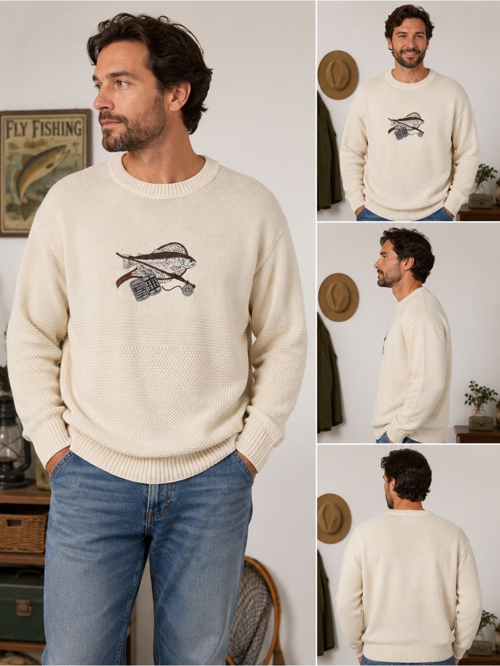 Vintage Shenandoah Fishing Embroidered Knit Sweater XL Cream 100% Cotton USA